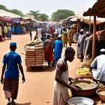 ** A vibrant marketplace scene in Chad, showcasing cross-border trade with neighboring countries like Nigeria and Cameroon. Depict local traders exchanging goods with bustling activity and diverse cultural elements.

**