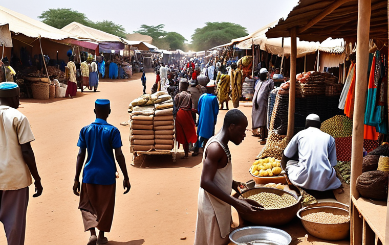 ** A vibrant marketplace scene in Chad, showcasing cross-border trade with neighboring countries like Nigeria and Cameroon. Depict local traders exchanging goods with bustling activity and diverse cultural elements.

**