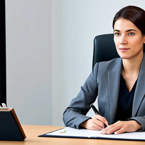 Home 23 A businesswoman in a modest business suit, sitting at a desk in a modern office, fully clothed, appropriate attire, safe for work, perfect anatomy, natural proportions, professional photography, high quality