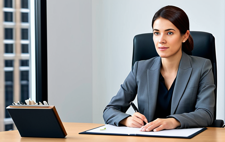 A businesswoman in a modest business suit, sitting at a desk in a modern office, fully clothed, appropriate attire, safe for work, perfect anatomy, natural proportions, professional photography, high quality