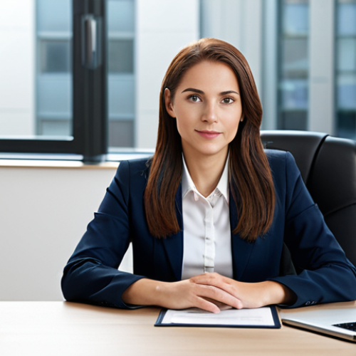 Home 9 **
A professional businesswoman in a modest business suit, sitting at a desk in a modern office, fully clothed, appropriate attire, safe for work, perfect anatomy, natural proportions, professional photography, high quality.
**