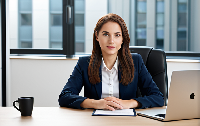 **
A professional businesswoman in a modest business suit, sitting at a desk in a modern office, fully clothed, appropriate attire, safe for work, perfect anatomy, natural proportions, professional photography, high quality.
**