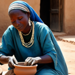 차드의 공예품과 그 제작 과정 - Pottery Creation**

"A Chadian woman, fully clothed in modest, traditional attire, carefully shaping...