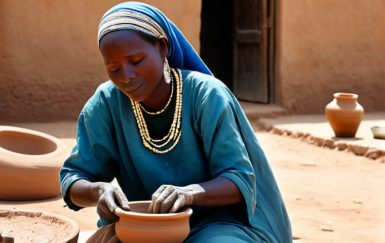 차드의 공예품과 그 제작 과정 - Pottery Creation**
"A Chadian woman, fully clothed in modest, traditional attire, carefully shaping...
